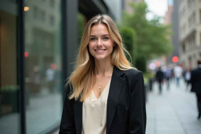 Jeune femme blonde élégante en milieu urbain, représentant Meadow Walker dans son parcours public et indépendant