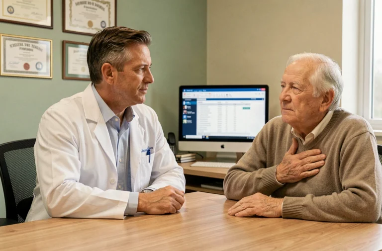 Médecin généraliste en consultation avec un patient âgé atteint de BPCO dans un cabinet médical moderne