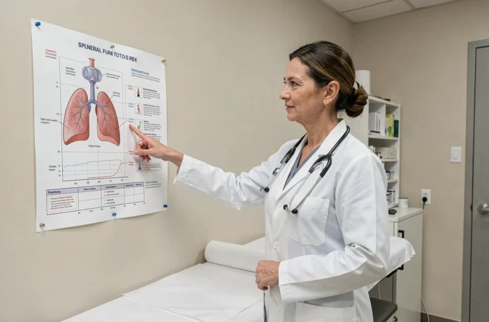 Médecin généraliste expliquant les résultats de spirométrie pour évaluer une BPCO dans un cabinet d'examen