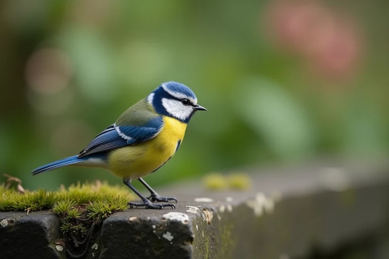 Mésange bleue perchée sur un muret de pierre moussu dans un jardin paisible, symbolisant la présence spirituelle et la connexion à la nature