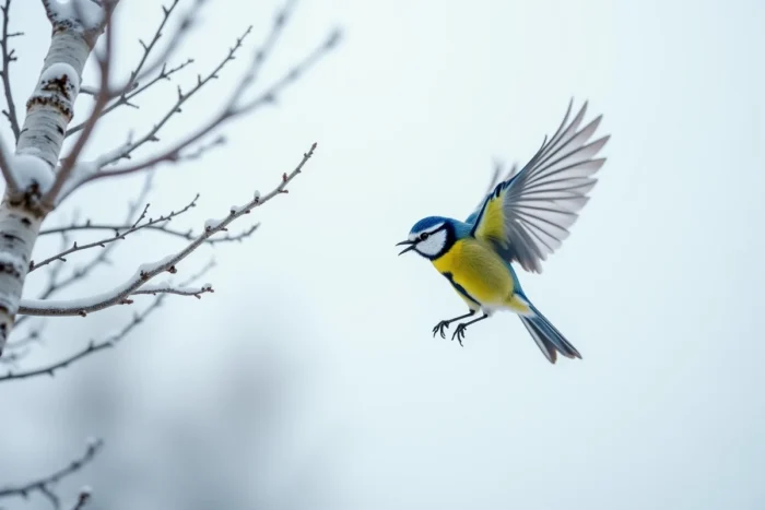 Mésange bleue en plein vol dans un ciel hivernal clair, représentant la liberté et le symbolisme spirituel du messager céleste