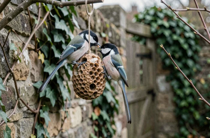 Deux mésanges à longue queue accrochées à une mangeoire de jardin en Angleterre, plumage blanc et noir visible en détail