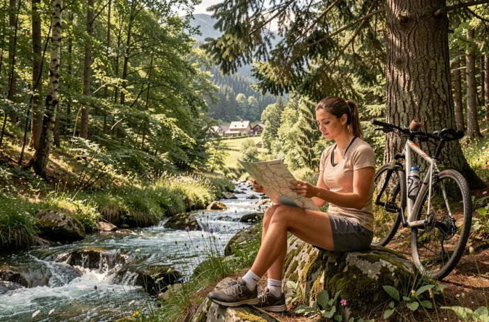 Une cycliste consultant une carte papier au bord d'un ruisseau de montagne en France lors d'une micro-aventure sans voiture