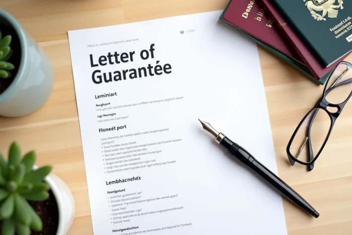 Vue de dessus d'un modèle de lettre de garant bilingue pour bail international avec passeports et stylo plume