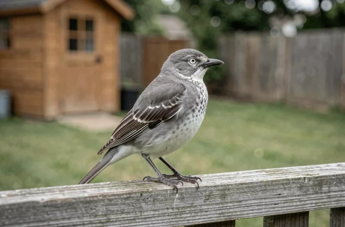 Moqueur polyglotte gris et blanc posé sur une clôture en bois dans un jardin américain, posture alerte
