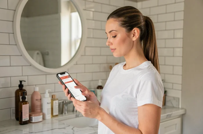 Jeune femme naviguant sur le sitemap d'un site beauté depuis son smartphone dans une salle de bain