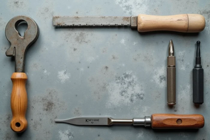 Vue en plat posé d'outils de bricolage commençant par la lettre K sur une surface en béton texturé