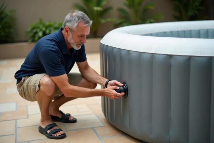 Homme ouvrant la valve de dégonflage d'un spa gonflable MSPA Lite sur un patio carrelé extérieur
