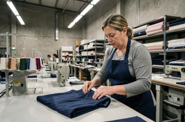 Ouvrière textile inspectant un vêtement dans une usine de fabrication Zara, ambiance documentaire industrielle