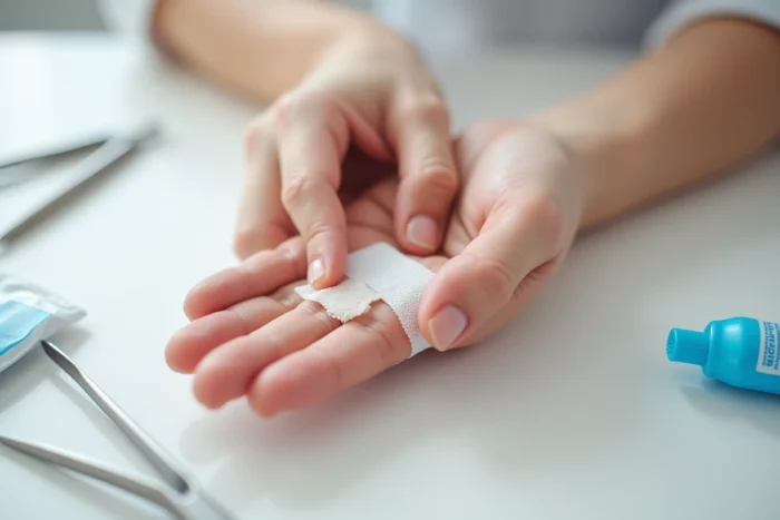 Gros plan d'un doigt bandé avec une compresse médicale blanche après arrachement de l'ongle