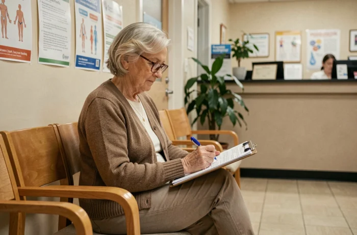 Patiente âgée remplissant un questionnaire de santé en salle d'attente dans le cadre d'un suivi BPCO programme Prado