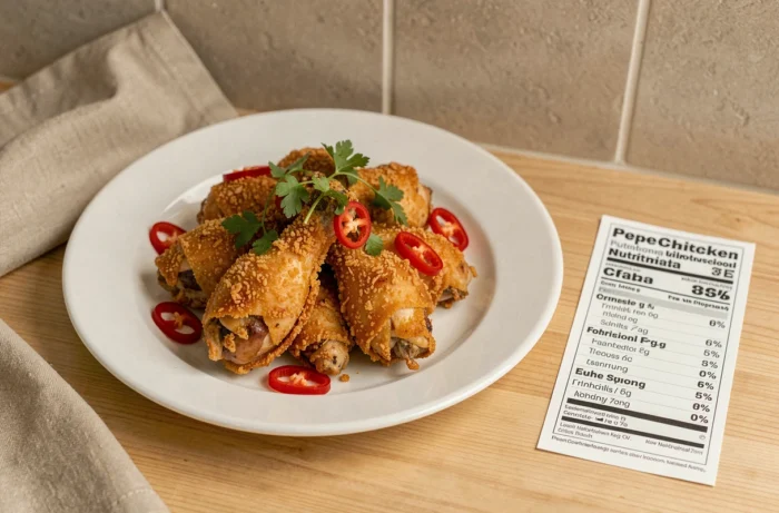 Assiette de Pepe Chicken croustillant avec herbes fraîches et informations nutritionnelles sur une table en bois clair