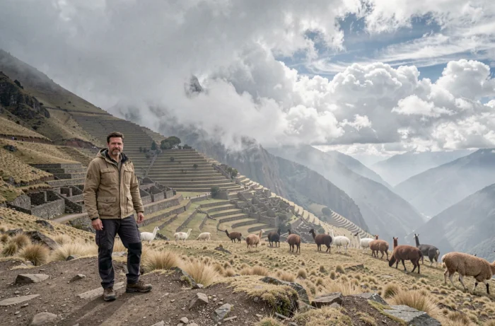 Un randonneur contemplant les ruines andines et un plateau péruvien à haute altitude avec des lamas en arrière-plan