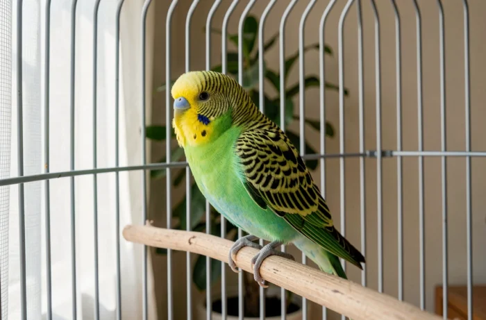 Perruche verte et jaune perchée sur une branche en bois à l'intérieur d'une cage dans un appartement