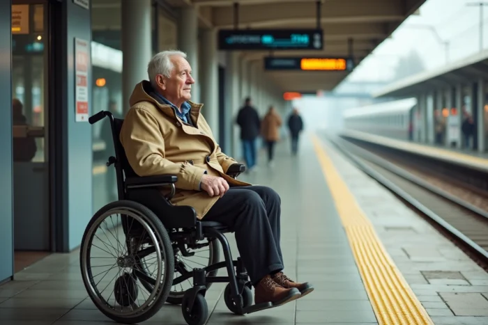 Personne âgée en fauteuil roulant électrique attendant dans une gare française avec zone d'embarquement PMR