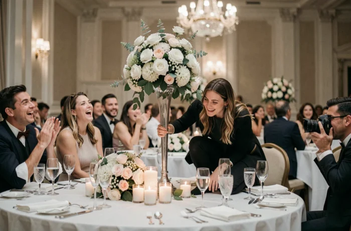 Photographe de mariage renversant accidentellement un centre de table fleuri lors de la réception, moment hilarant capturé en salle de banquet