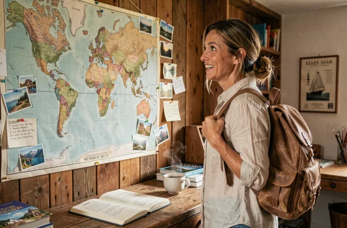Une voyageuse contemplant une carte du monde vintage couverte de notes et cartes postales, planifiant ses prochaines aventures