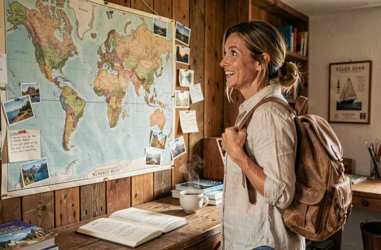 Une voyageuse contemplant une carte du monde vintage couverte de notes et cartes postales, planifiant ses prochaines aventures