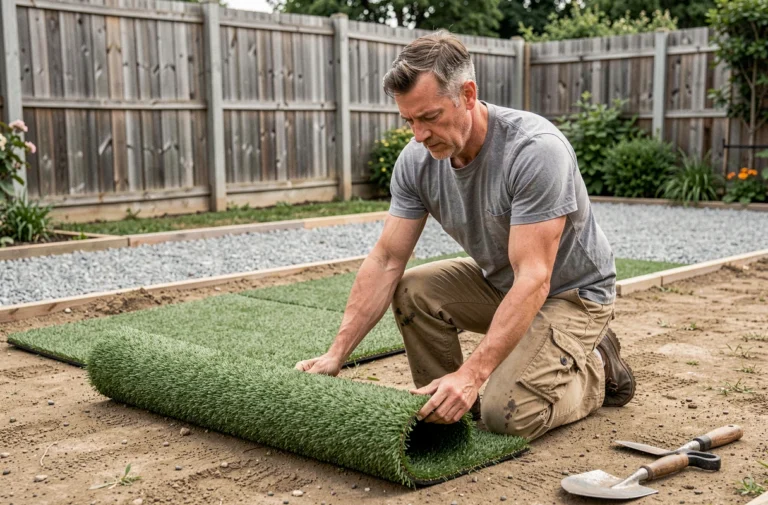 Homme posant du gazon synthétique sur une surface en terre préparée dans un jardin résidentiel