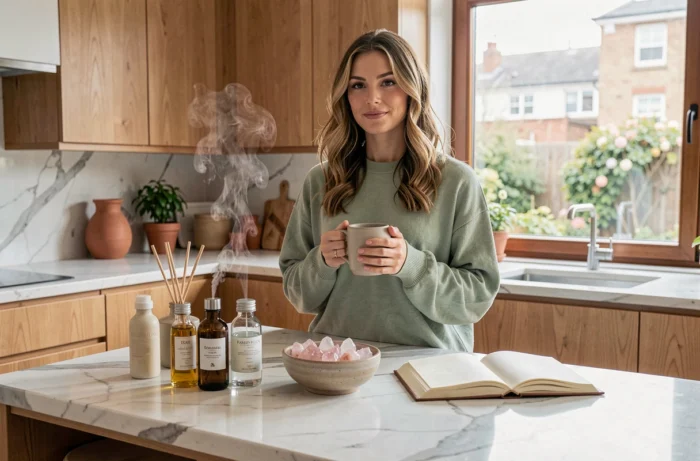 Femme tenant une tasse devant un comptoir de cuisine rempli de produits de beauté naturels et d'essentiels bien-être