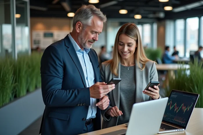 Deux professionnels analysant des applications d'investissement en crypto-monnaie dans un espace de co-working