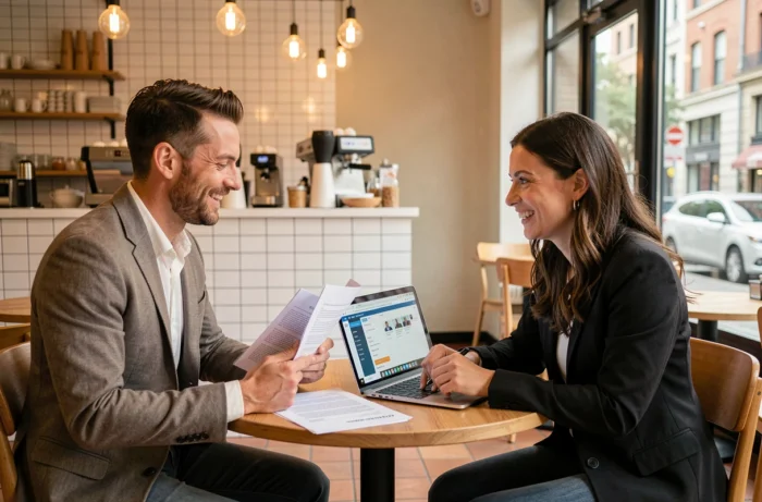 Deux professionnels discutant de stratégies de recherche d'emploi autour d'un ordinateur portable et de CV dans un café moderne