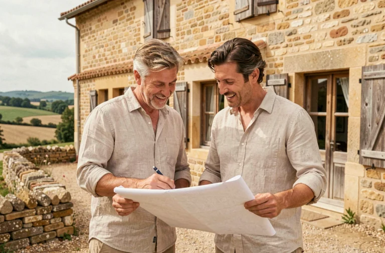 Couple examinant les plans de leur projet immobilier devant une maison en pierre typique du Tarn