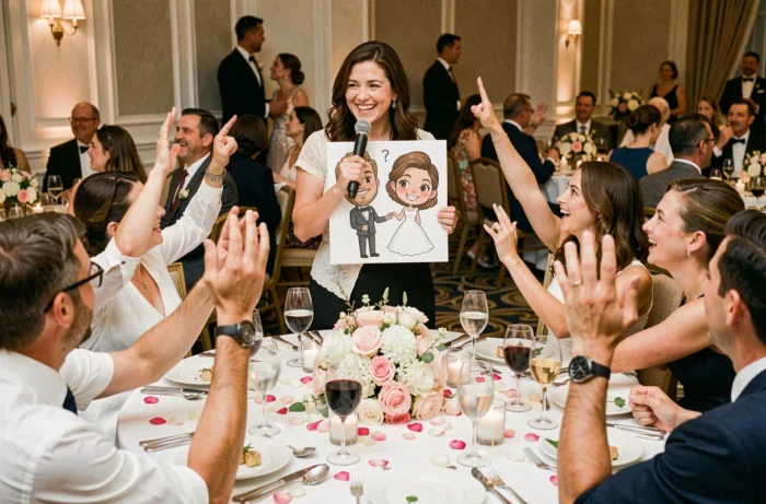 Animateur tenant un micro et des cartes de quiz lors d'un jeu 'Elle ou Lui' avec des invités souriants à une table de mariage