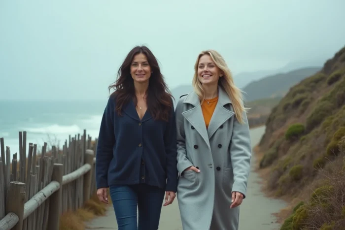 Deux femmes marchant ensemble sur un sentier côtier californien, symbolisant le lien entre Rebecca Soteros et Meadow Walker