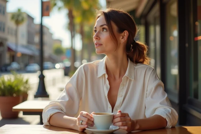 Femme sereine attablée dans un café en Californie, évoquant la vie discrète et réservée de Rebecca Soteros