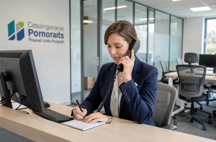 Réceptionniste professionnelle dans un bureau français répondant à un appel téléphonique avec l'indicatif 04 12