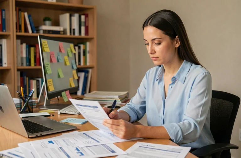 Femme consultant un formulaire administratif officiel pour trouver l'adresse d'une entreprise comme Padraz ou Faklum