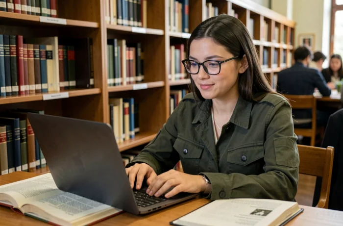 Jeune femme en bibliothèque recherchant l'adresse officielle d'une entreprise dans un annuaire et sur ordinateur