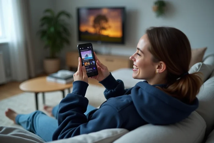 Femme regardant SFR TV sur smartphone allongée sur son canapé dans un salon moderne