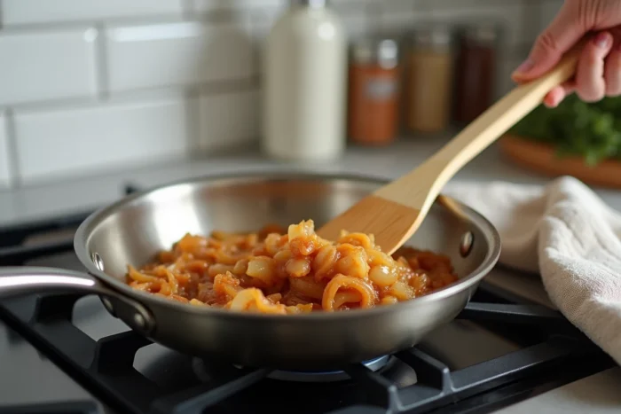 Spatule en bois remuant des oignons caramélisés sans huile dans une casserole en inox