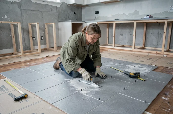 Femme posant du carrelage dans une cuisine en cours de rénovation avec outils professionnels