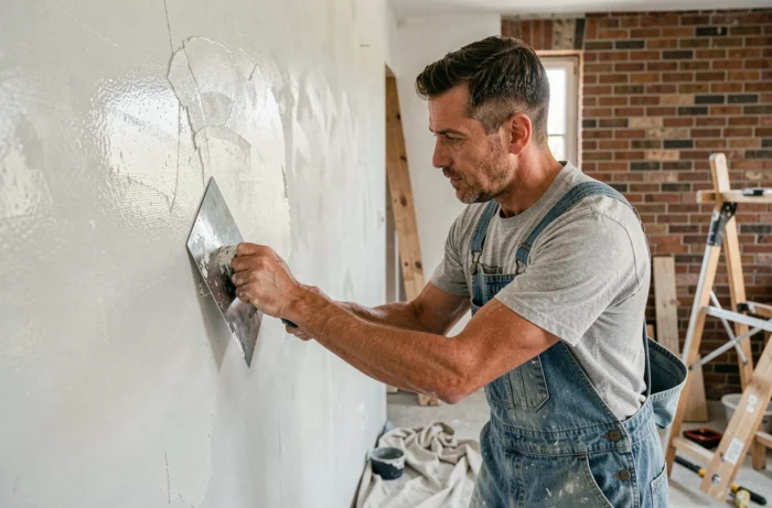 Homme en salopette appliquant du plâtre sur un mur lors de travaux de rénovation intérieure