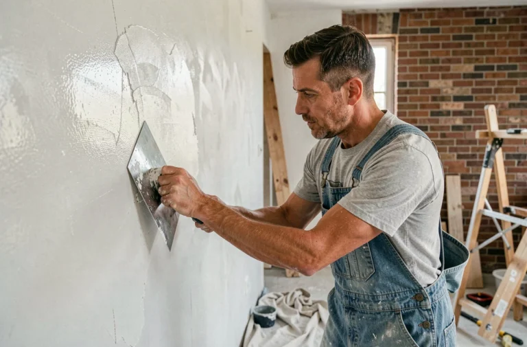 Homme en salopette appliquant du plâtre sur un mur lors de travaux de rénovation intérieure