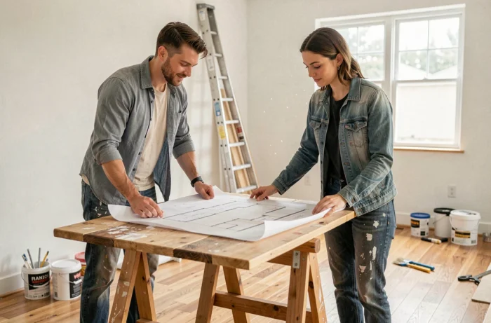 Couple consultant des plans architecturaux dans un salon en cours de rénovation avec parquet neuf