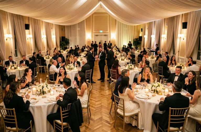 Grande salle de réception de mariage animée avec des invités élégants autour de tables décorées, dans une ambiance festive et chaleureuse