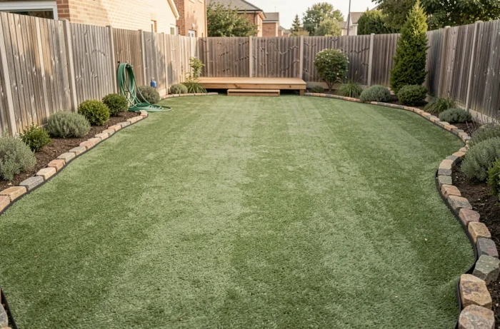 Jardin résidentiel avec gazon synthétique installé sur terre, vue d'ensemble du résultat final