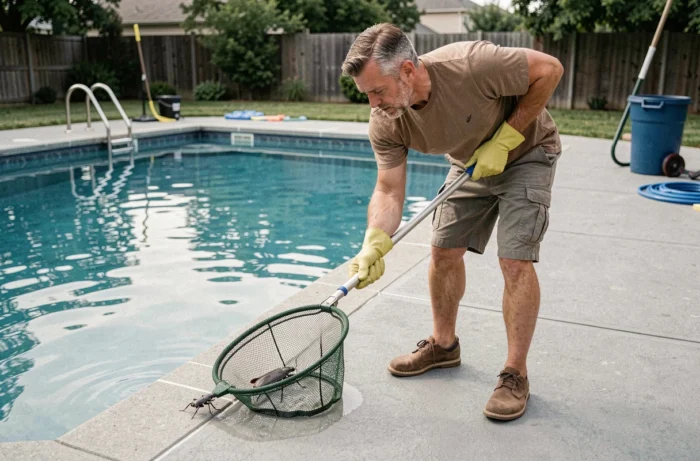 Homme retirant un dytique de sa piscine avec une épuisette, geste de prévention contre les insectes aquatiques