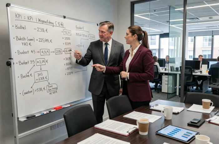 Deux managers discutant des indicateurs clés de performance et des budgets en euros lors d'une réunion d'entreprise au tableau blanc