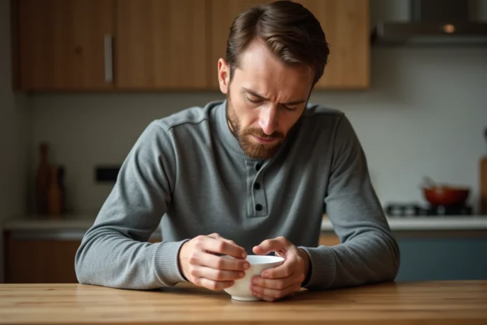 Homme rinçant un doigt avec un ongle abîmé dans un bol d'eau dans une cuisine en bois naturel