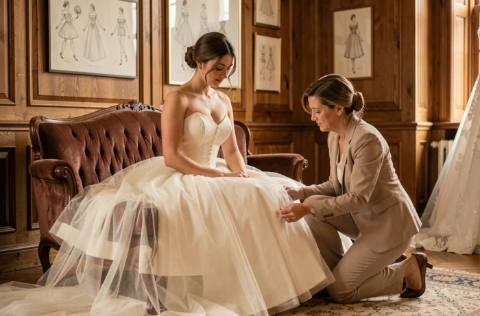 Femme petite et pulpeuse en robe de mariée bustier en tulle conseillée par une styliste dans un atelier de couture vintage