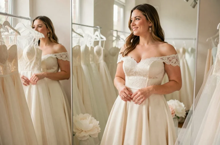 Femme aux courbes généreuses essayant une robe de mariée en dentelle ivoire dans une boutique de mariage élégante