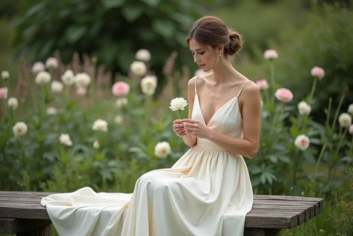 Mariée en robe courte crêpe A-line assise dans un jardin botanique luxuriant