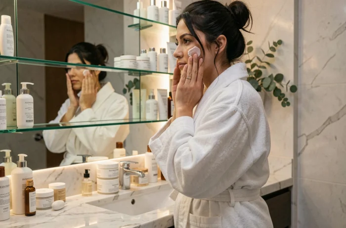 Femme appliquant de la crème hydratante devant un miroir de salle de bain en marbre, routine beauté quotidienne