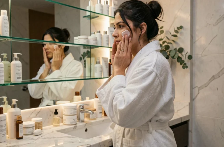 Femme appliquant de la crème hydratante devant un miroir de salle de bain en marbre, routine beauté quotidienne