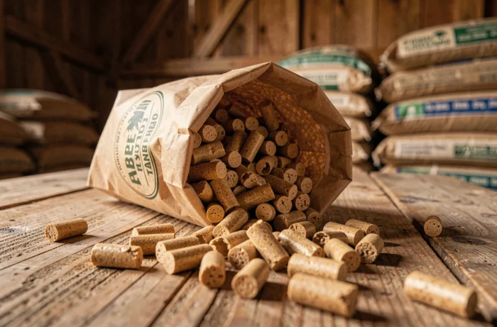 Sac de granulés de bois Piveteau ouvert avec pellets épars sur une surface en bois rustique